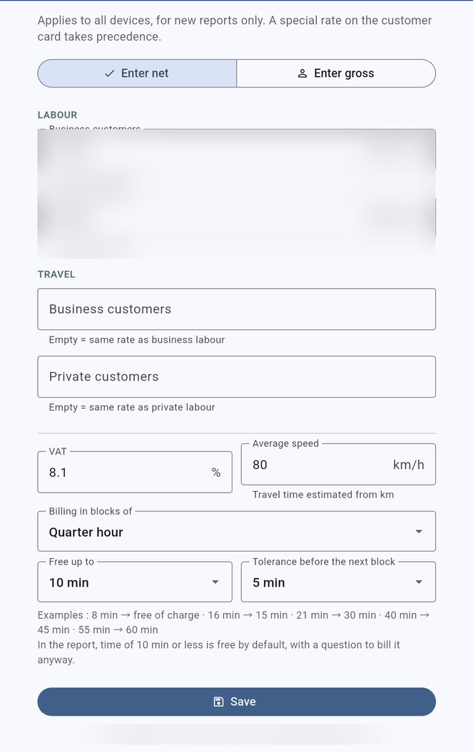 Rate and invoicing settings