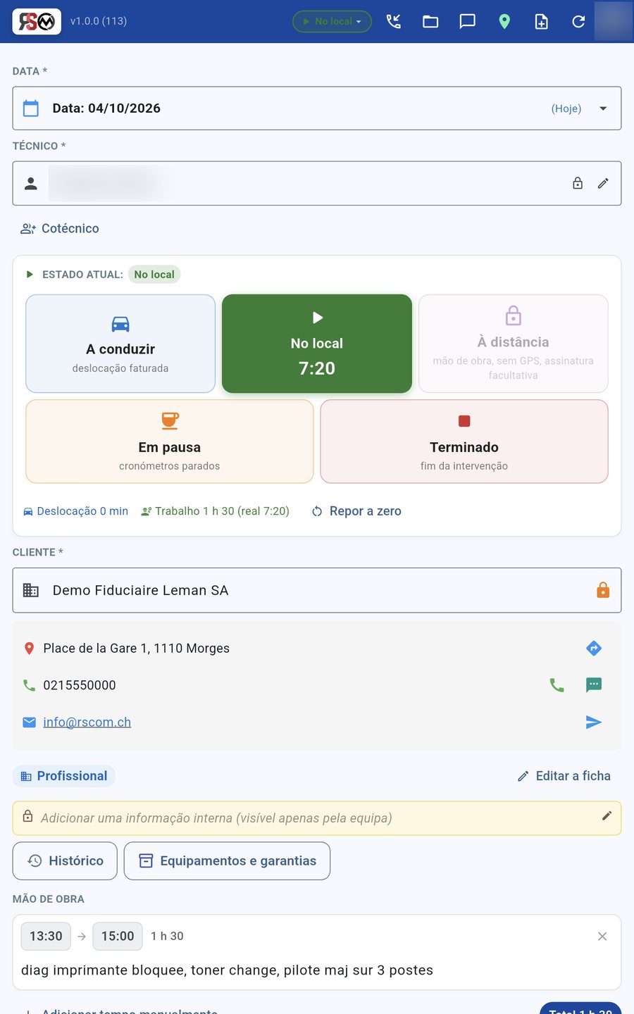App RSCOM Interventions: técnico no local